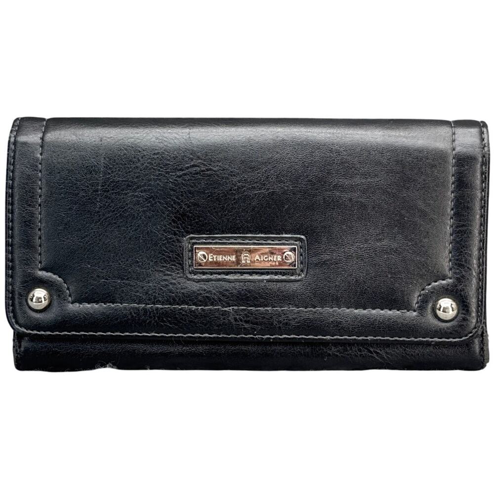 Etienne Aigner Vintage Soft Black Leather Silver Hardware Tri-Fold Wallet